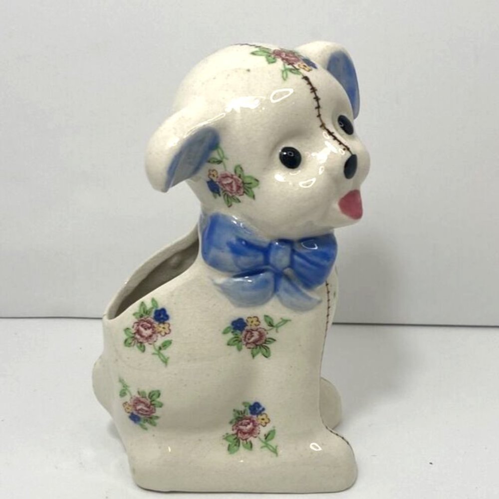 Vintage Stuffed Puppy Floral Pattern Blue Bow 6" Planter Occupied Japan